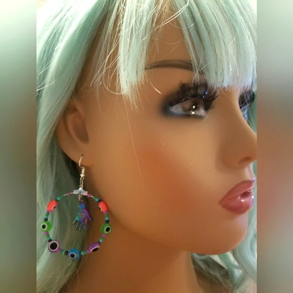 Hamsa hand evil eye earrings boho - Picture 3 of 5